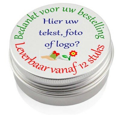 Blikjes met bloemzadenmengsel. 4 soortenmengsels keuze uit standaard of een persoonlijke tekst